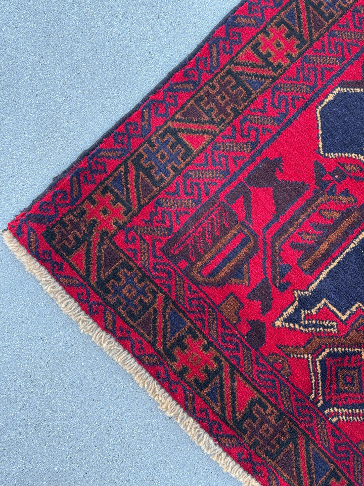 3x5 (91x152) Handmade Vintage Afghan Baluch Rug | Crimson Scarlet Maroon Burgundy Red Caramel Brown Navy Blue White Cream Black | Wool