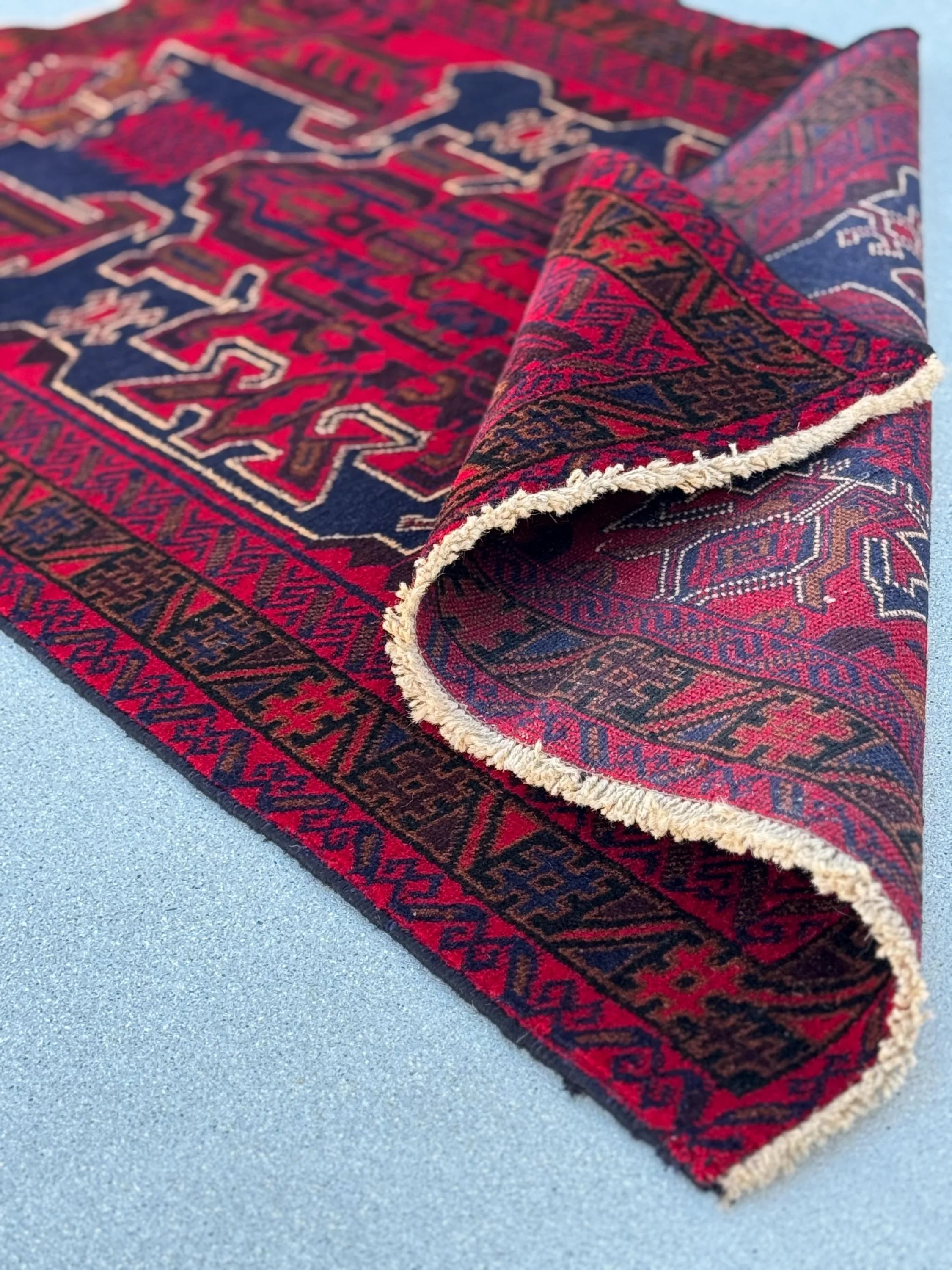 3x5 (91x152) Handmade Vintage Afghan Baluch Rug | Crimson Scarlet Maroon Burgundy Red Caramel Brown Navy Blue White Cream Black | Wool