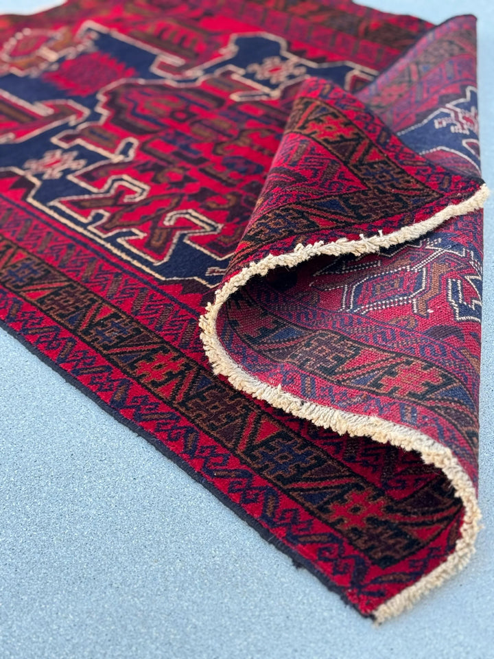 3x5 (91x152) Handmade Vintage Afghan Baluch Rug | Crimson Scarlet Maroon Burgundy Red Caramel Brown Navy Blue White Cream Black | Wool