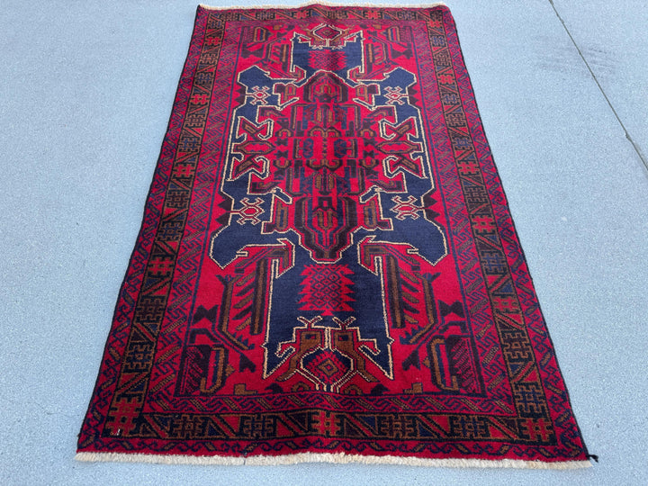 3x5 (91x152) Handmade Vintage Afghan Baluch Rug | Crimson Scarlet Maroon Burgundy Red Caramel Brown Navy Blue White Cream Black | Wool