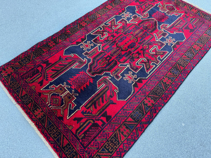 3x5 (91x152) Handmade Vintage Afghan Baluch Rug | Crimson Scarlet Maroon Burgundy Red Caramel Brown Navy Blue White Cream Black | Wool