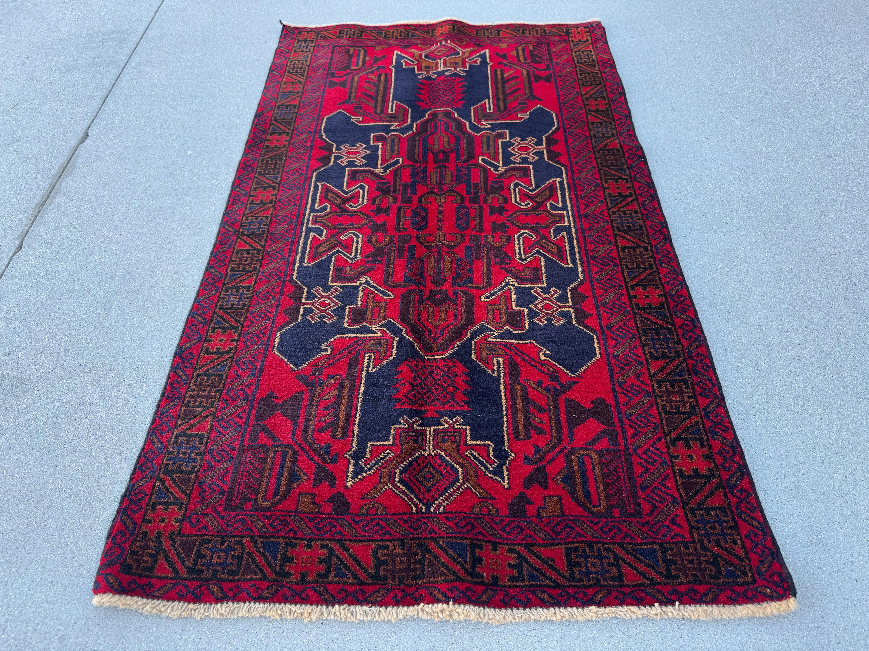 3x5 (91x152) Handmade Vintage Afghan Baluch Rug | Crimson Scarlet Maroon Burgundy Red Caramel Brown Navy Blue White Cream Black | Wool