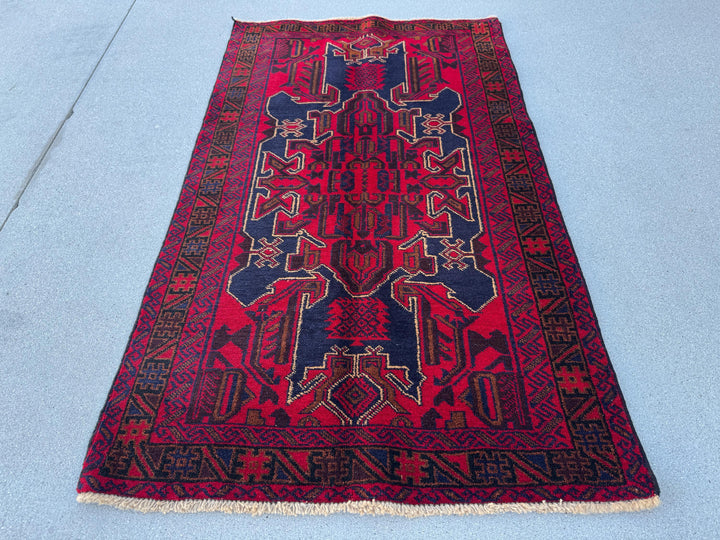 3x5 (91x152) Handmade Vintage Afghan Baluch Rug | Crimson Scarlet Maroon Burgundy Red Caramel Brown Navy Blue White Cream Black | Wool
