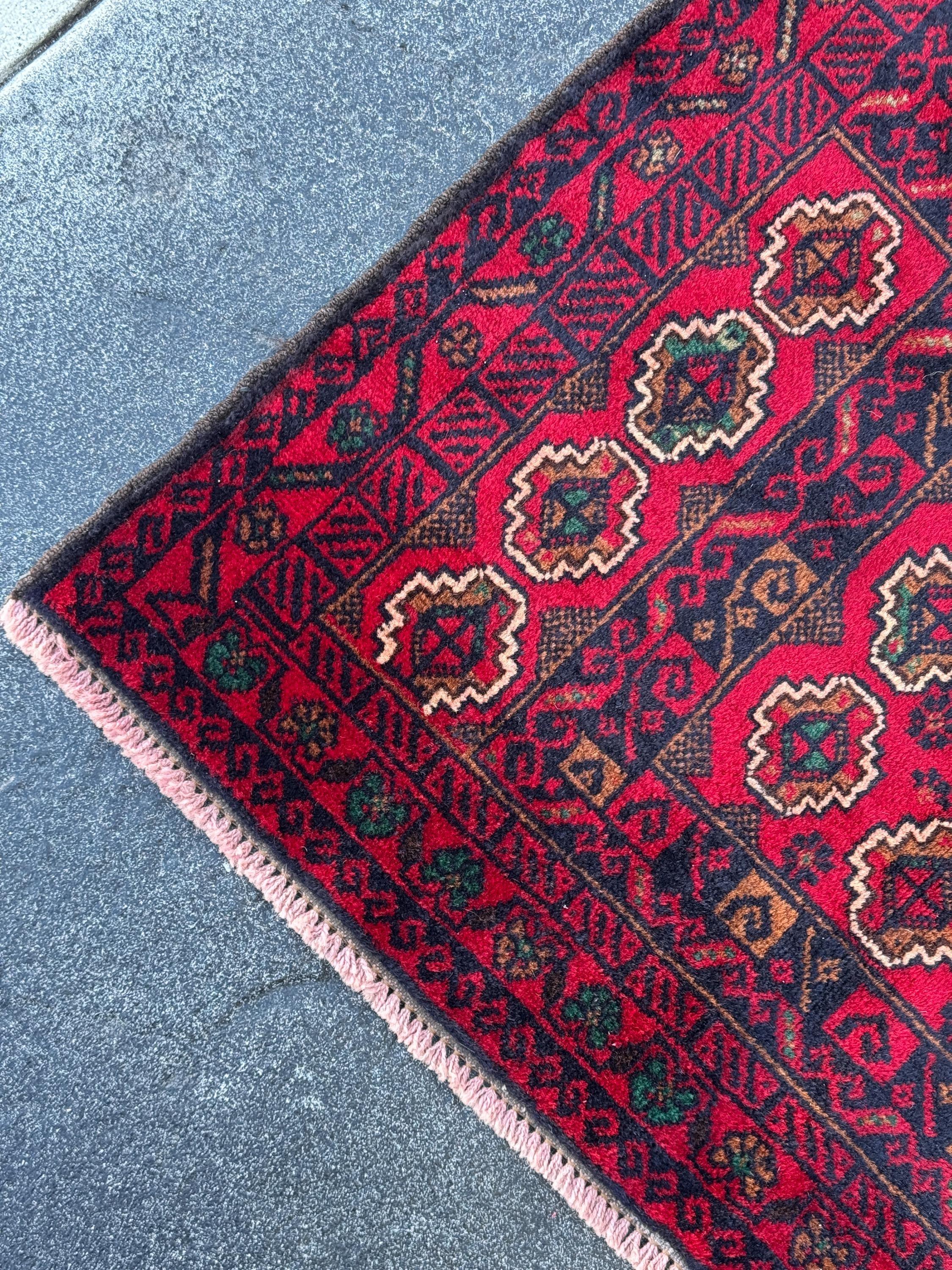 3x5 (91x152) Handmade Vintage Afghan Baluch Rug | Crimson Blood Burgundy Red Midnight Blue Cream White Caramel Brown Forest Mint Green Wool