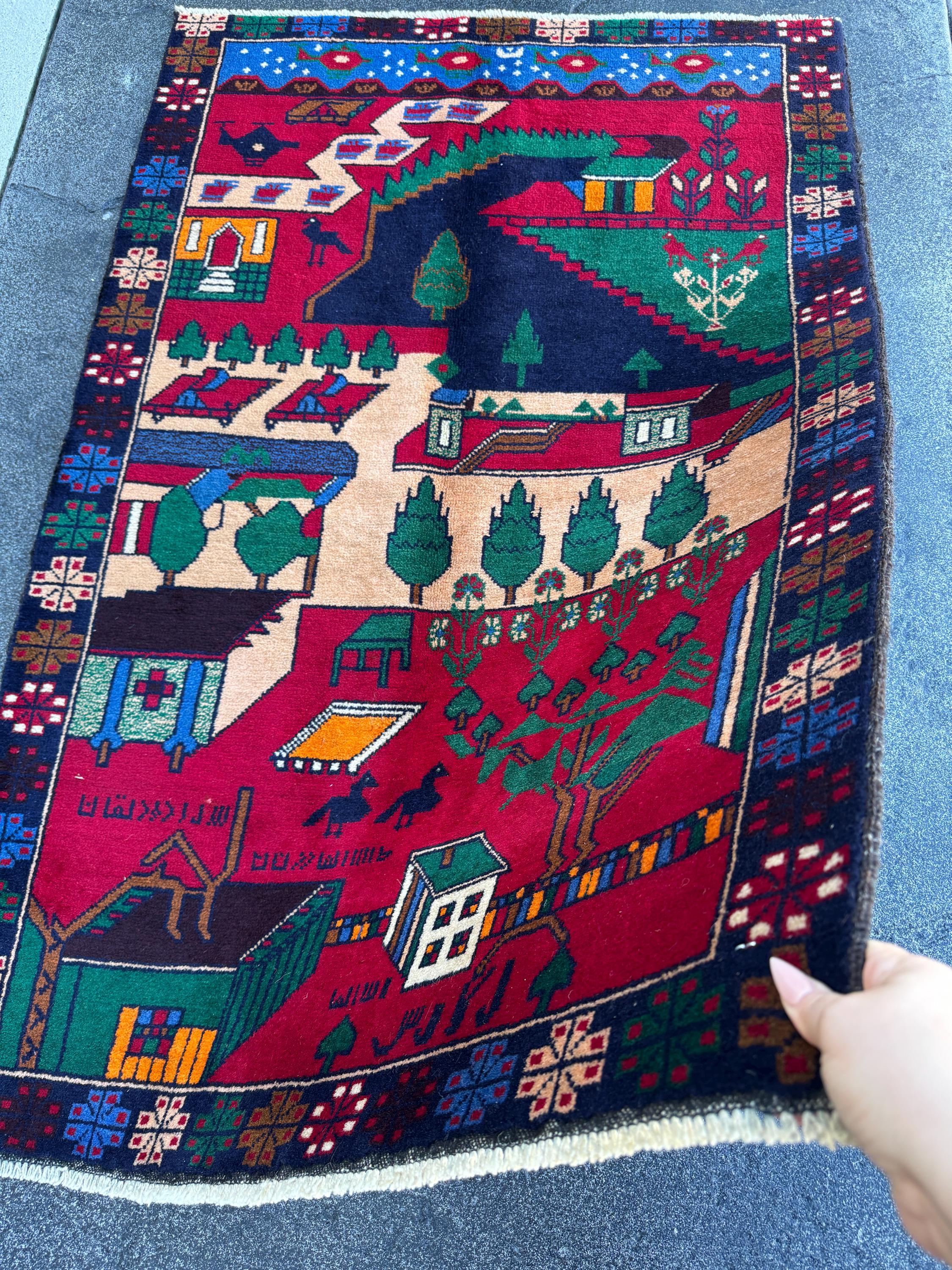 3x5 (91x152) Handmade Vintage Afghan Baluch Rug | Crimson Scarlet Maroon Red Denim Midnight Blue Black Orange Forest Green Cream White Brown