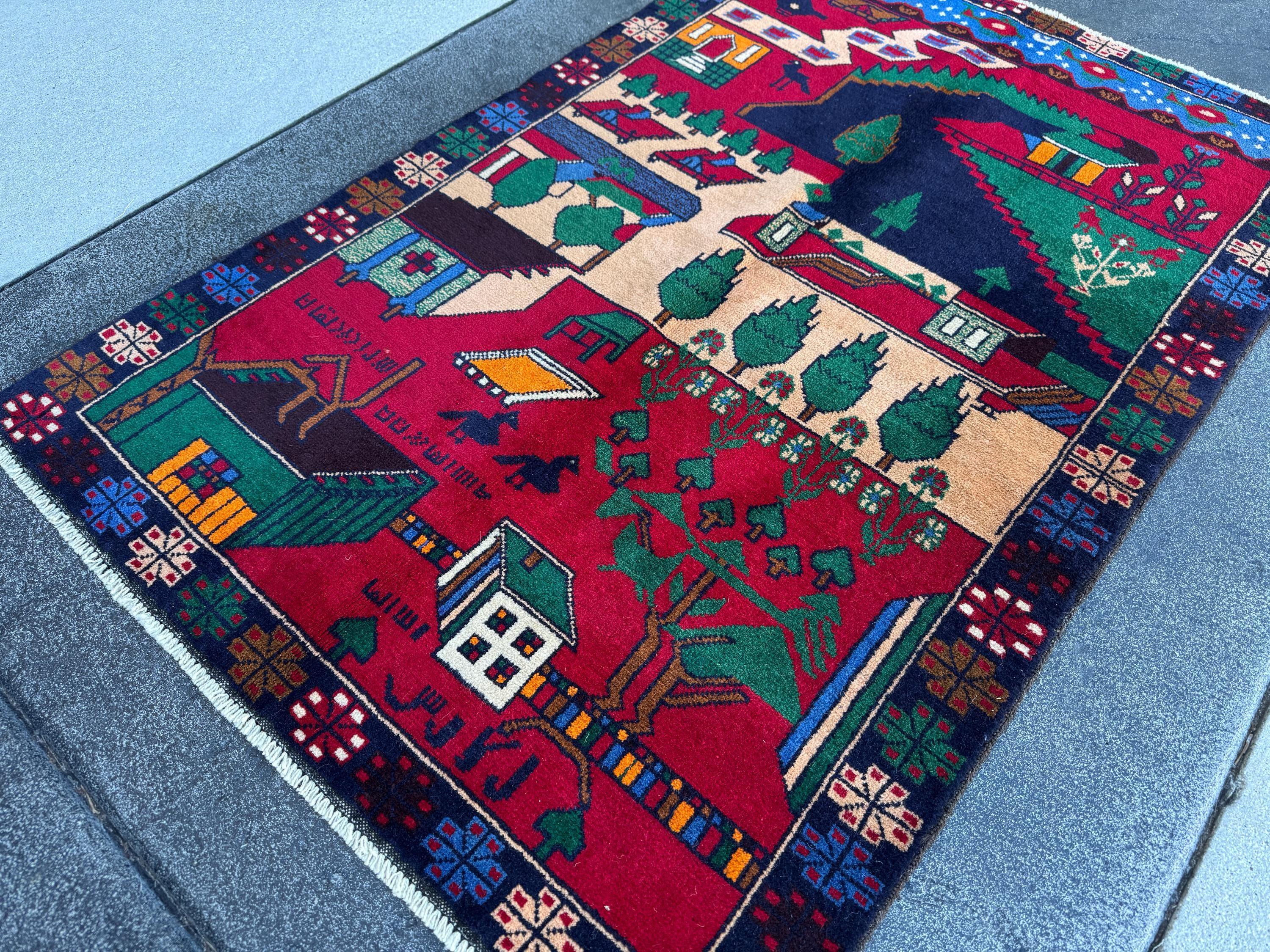 3x5 (91x152) Handmade Vintage Afghan Baluch Rug | Crimson Scarlet Maroon Red Denim Midnight Blue Black Orange Forest Green Cream White Brown