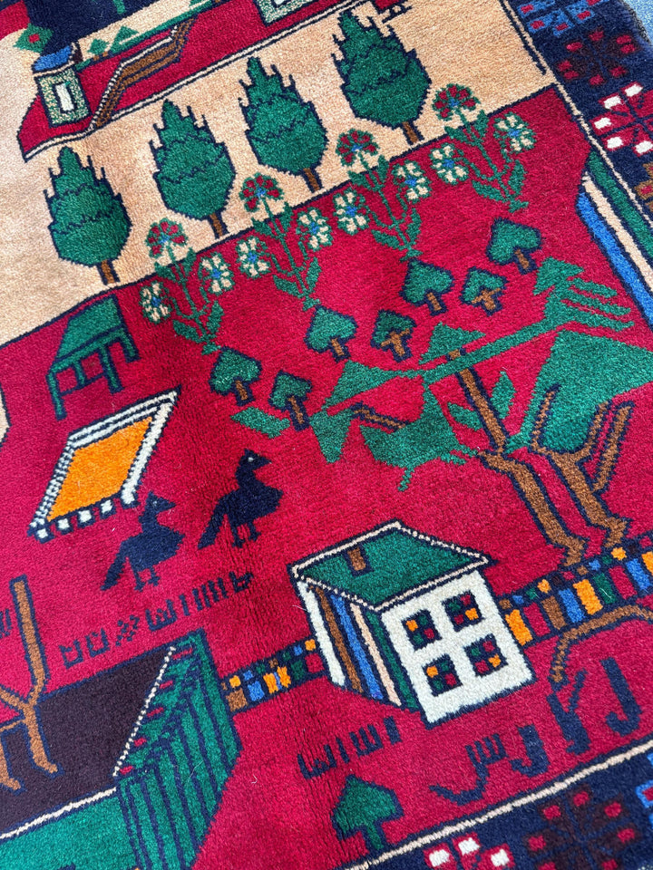 3x5 (91x152) Handmade Vintage Afghan Baluch Rug | Crimson Scarlet Maroon Red Denim Midnight Blue Black Orange Forest Green Cream White Brown
