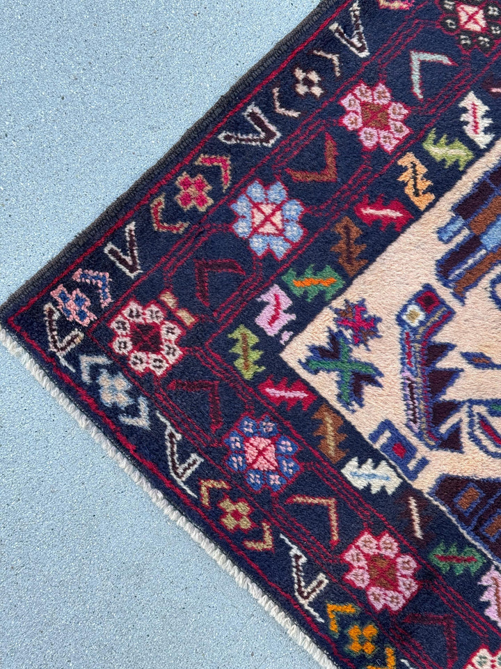 3x5 (91x152) Handmade Vintage Afghan Baluch Rug | Midnight Navy Sky Denim Blue Cream Blood Crimson Red Black Pine Forest Green Orange Brown