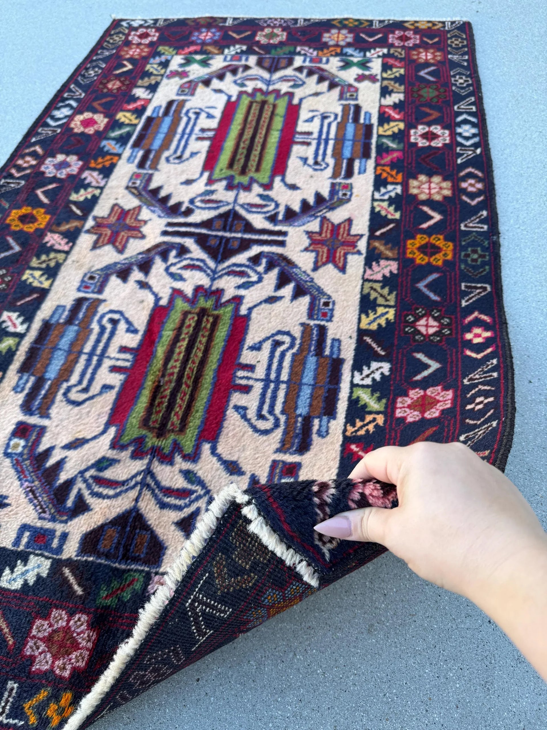 3x5 (91x152) Handmade Vintage Afghan Baluch Rug | Midnight Navy Sky Denim Blue Cream Blood Crimson Red Black Pine Forest Green Orange Brown