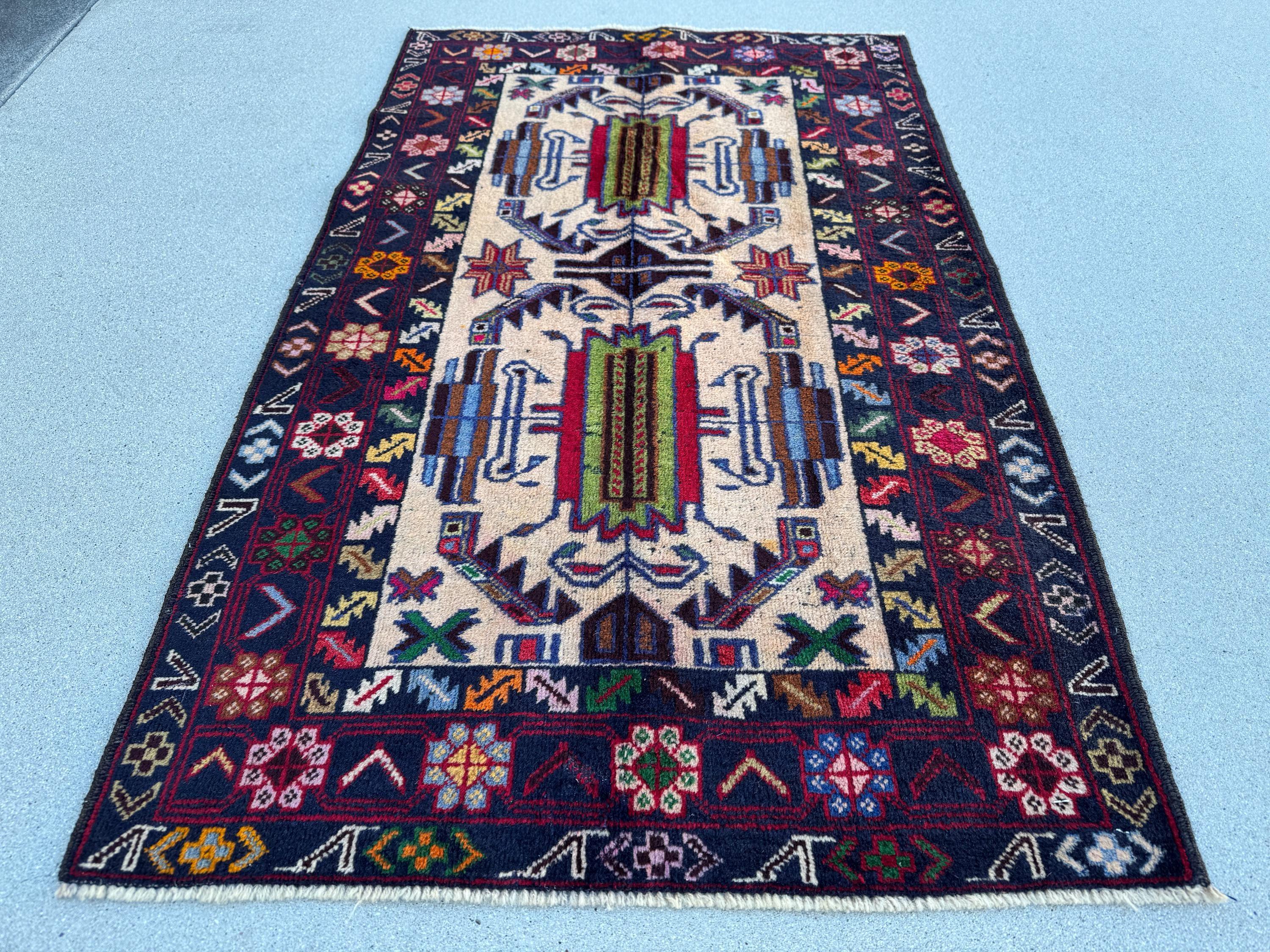 3x5 (91x152) Handmade Vintage Afghan Baluch Rug | Midnight Navy Sky Denim Blue Cream Blood Crimson Red Black Pine Forest Green Orange Brown