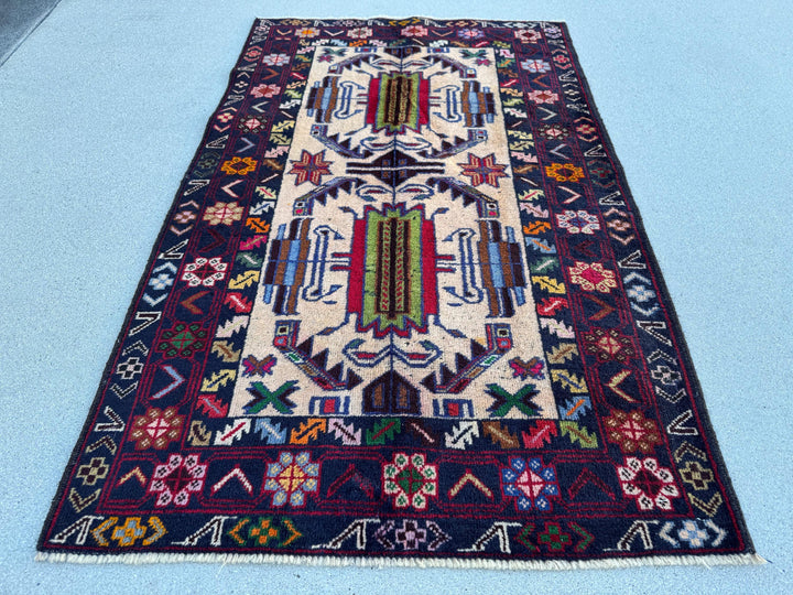 3x5 (91x152) Handmade Vintage Afghan Baluch Rug | Midnight Navy Sky Denim Blue Cream Blood Crimson Red Black Pine Forest Green Orange Brown