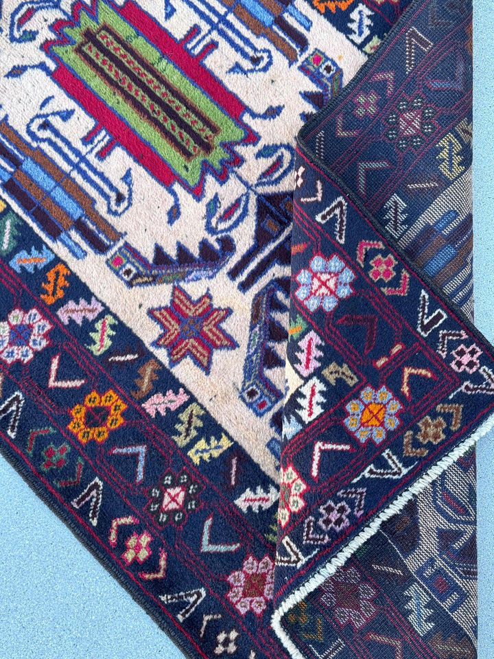 3x5 (91x152) Handmade Vintage Afghan Baluch Rug | Midnight Navy Sky Denim Blue Cream Blood Crimson Red Black Pine Forest Green Orange Brown