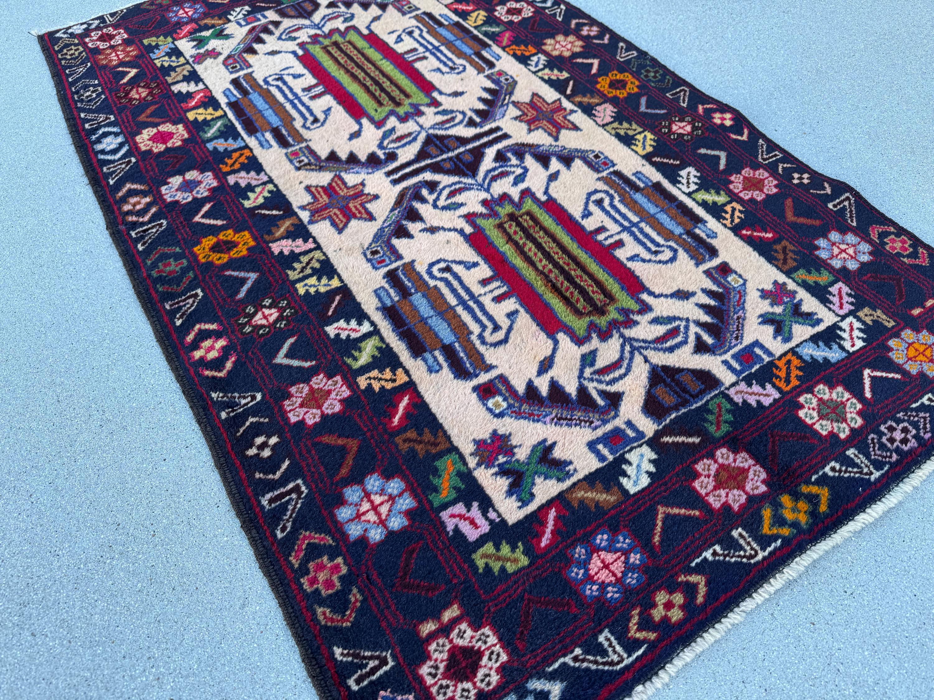 3x5 (91x152) Handmade Vintage Afghan Baluch Rug | Midnight Navy Sky Denim Blue Cream Blood Crimson Red Black Pine Forest Green Orange Brown