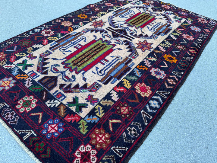 3x5 (91x152) Handmade Vintage Afghan Baluch Rug | Midnight Navy Sky Denim Blue Cream Blood Crimson Red Black Pine Forest Green Orange Brown