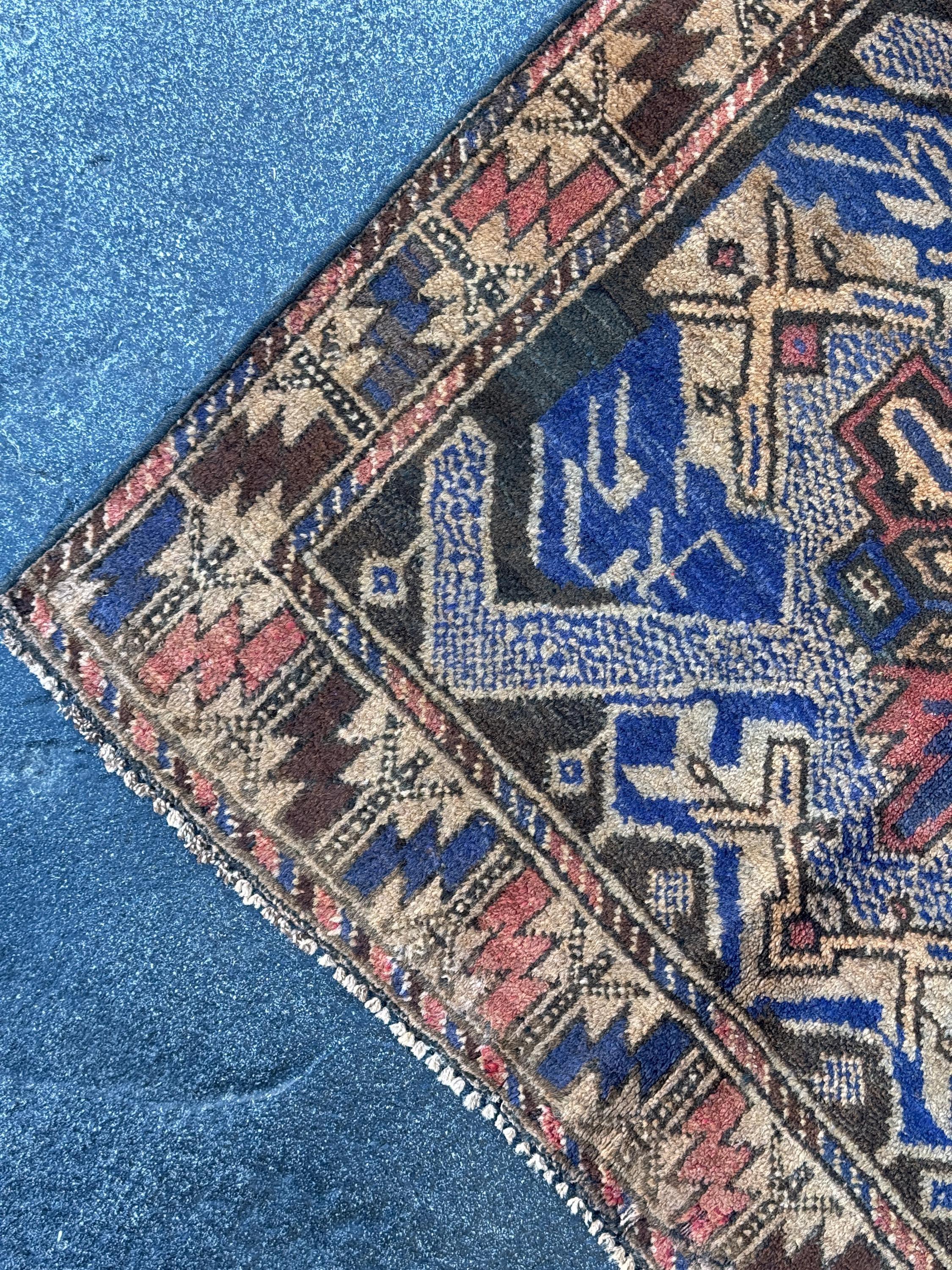 3x4 (91x121) Handmade Vintage Afghan Baluch Rug | Royal Blue Cream Tan Black Rust Rose Pink Gold Chocolate Brown | Wool Traditional
