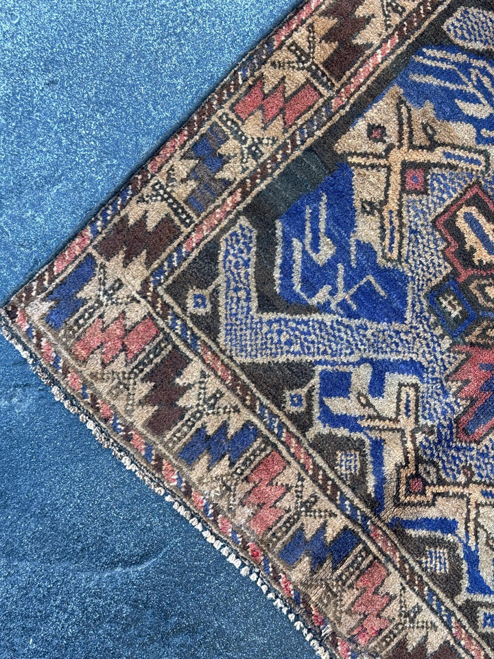 3x4 (91x121) Handmade Vintage Afghan Baluch Rug | Royal Blue Cream Tan Black Rust Rose Pink Gold Chocolate Brown | Wool Traditional