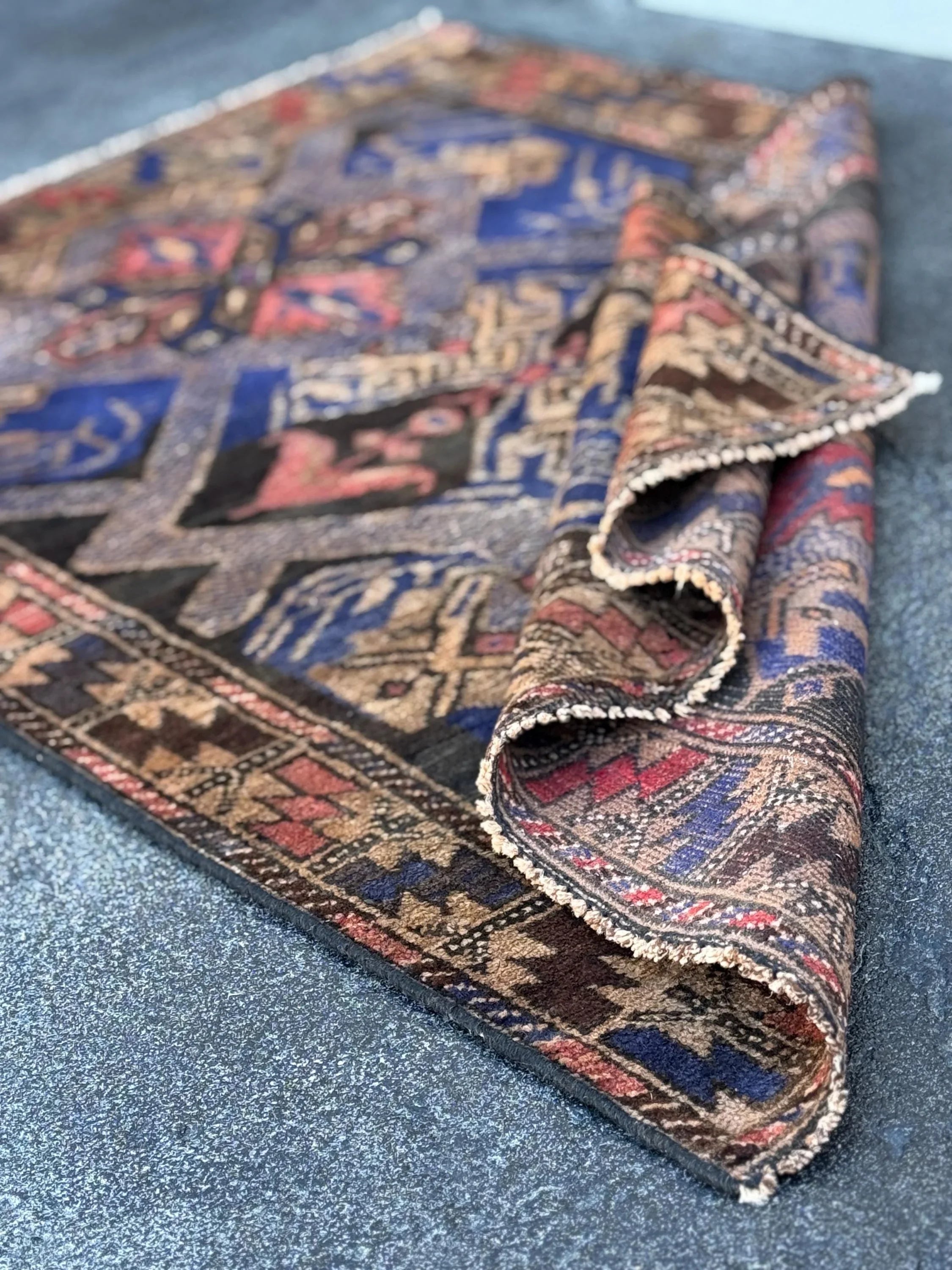3x4 (91x121) Handmade Vintage Afghan Baluch Rug | Royal Blue Cream Tan Black Rust Rose Pink Gold Chocolate Brown | Wool Traditional