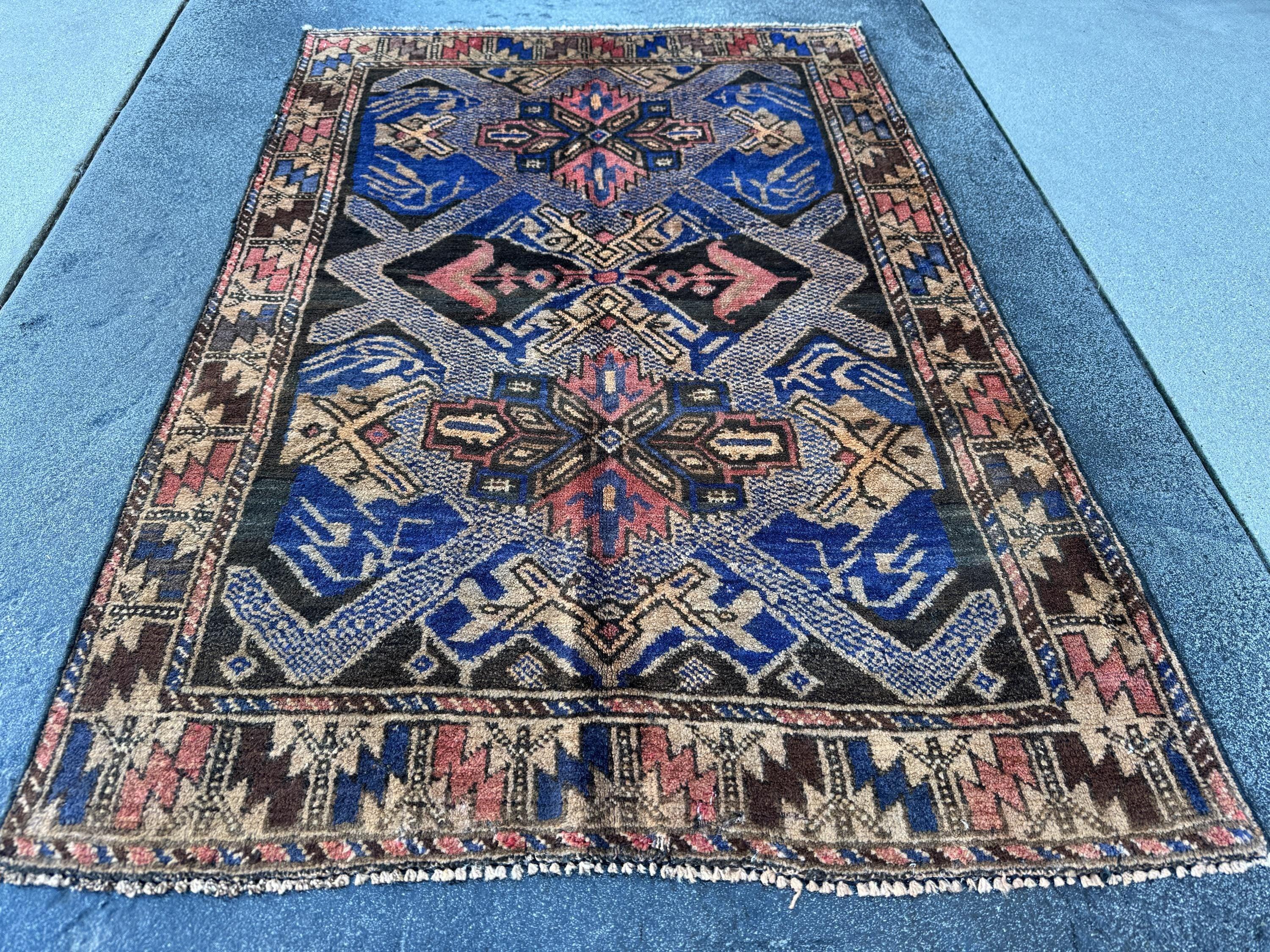 3x4 (91x121) Handmade Vintage Afghan Baluch Rug | Royal Blue Cream Tan Black Rust Rose Pink Gold Chocolate Brown | Wool Traditional