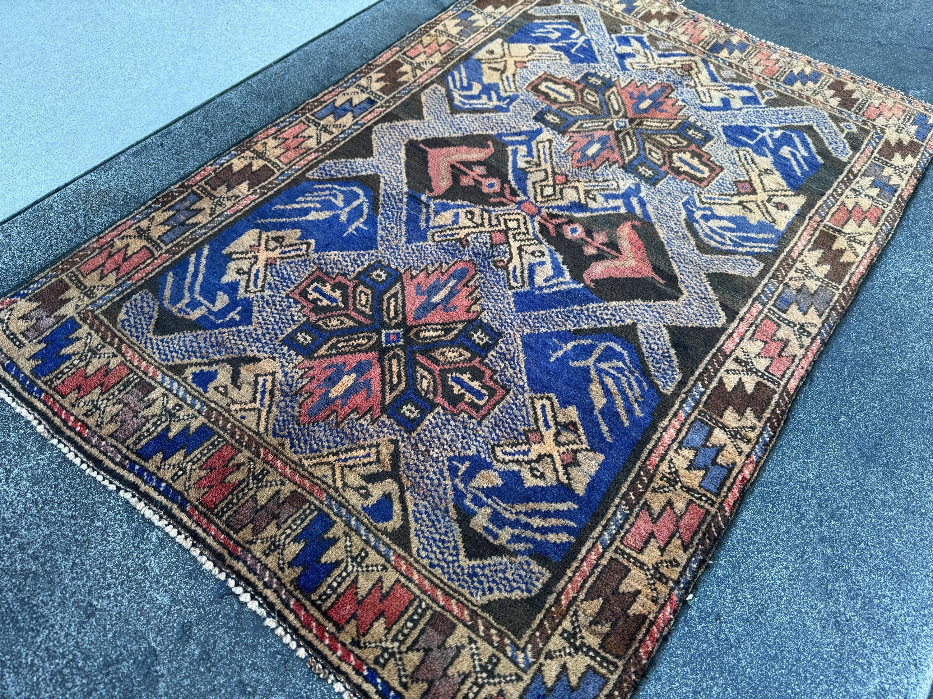 3x4 (91x121) Handmade Vintage Afghan Baluch Rug | Royal Blue Cream Tan Black Rust Rose Pink Gold Chocolate Brown | Wool Traditional