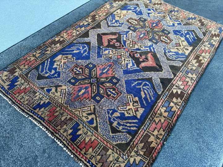 3x4 (91x121) Handmade Vintage Afghan Baluch Rug | Royal Blue Cream Tan Black Rust Rose Pink Gold Chocolate Brown | Wool Traditional