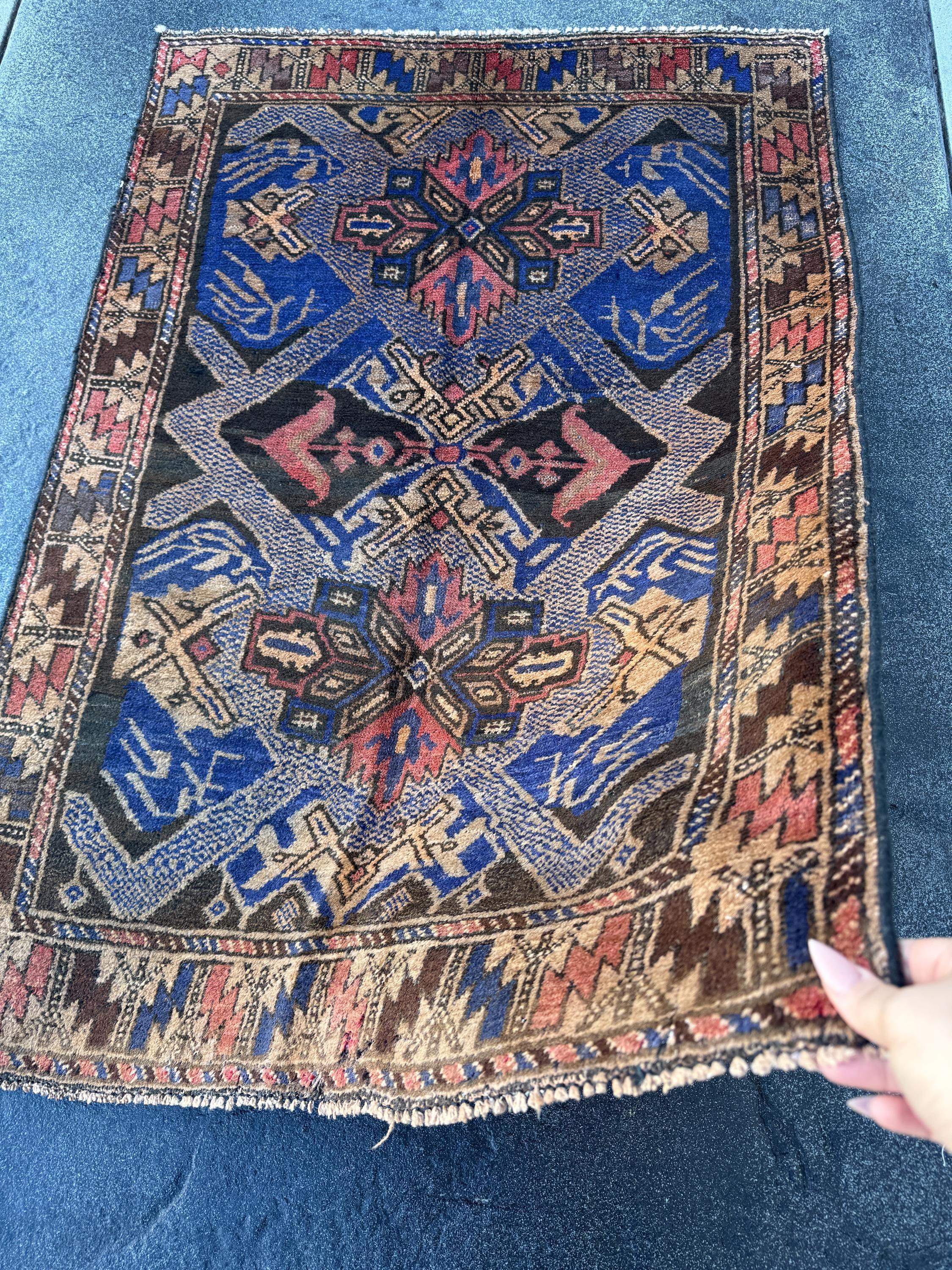 3x4 (91x121) Handmade Vintage Afghan Baluch Rug | Royal Blue Cream Tan Black Rust Rose Pink Gold Chocolate Brown | Wool Traditional