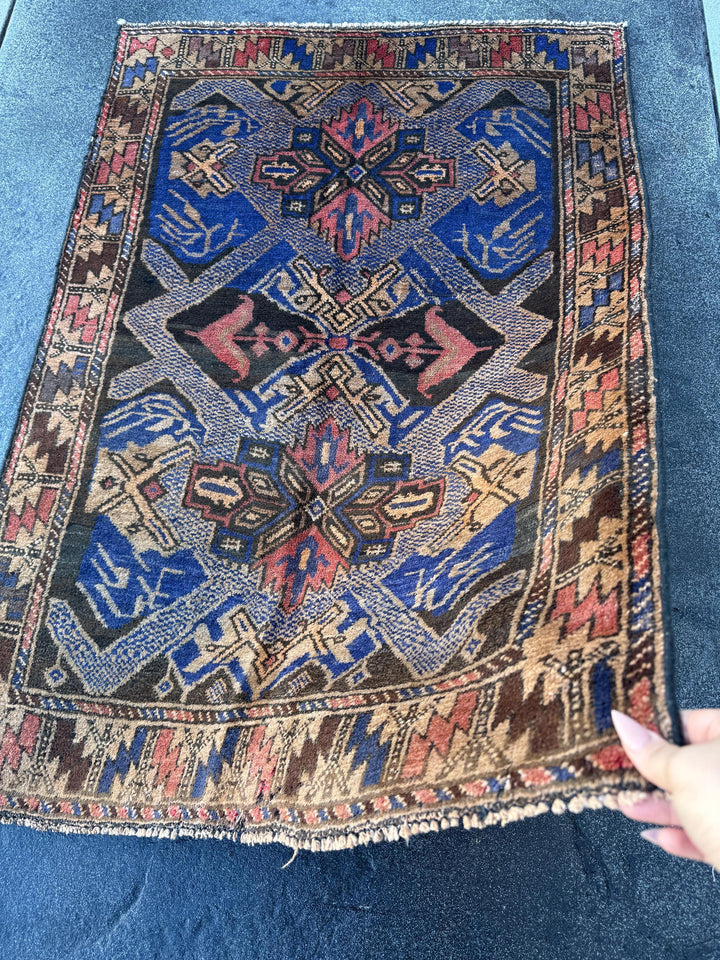 3x4 (91x121) Handmade Vintage Afghan Baluch Rug | Royal Blue Cream Tan Black Rust Rose Pink Gold Chocolate Brown | Wool Traditional