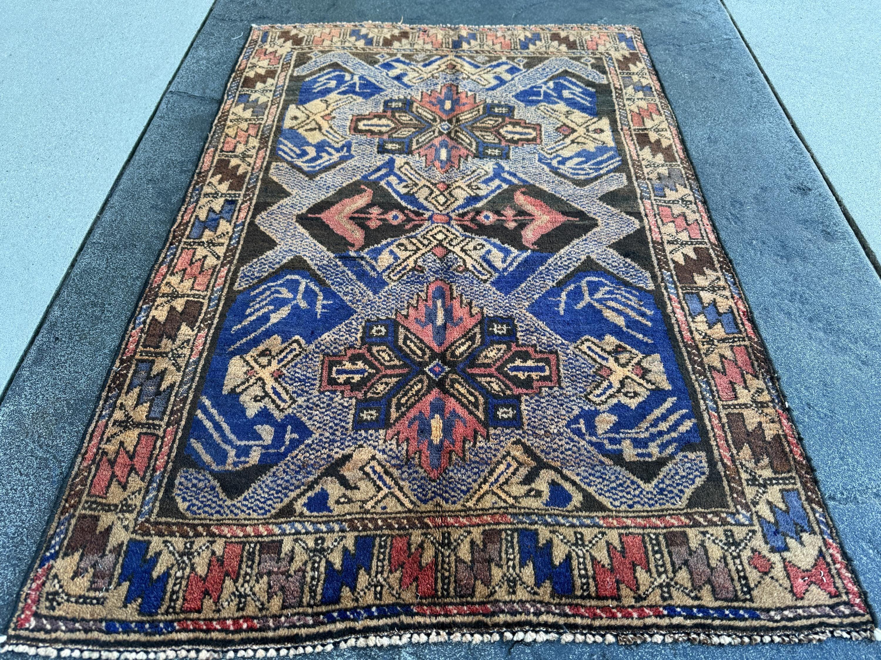 3x4 (91x121) Handmade Vintage Afghan Baluch Rug | Royal Blue Cream Tan Black Rust Rose Pink Gold Chocolate Brown | Wool Traditional