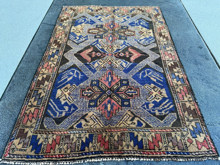 3x4 (91x121) Handmade Vintage Afghan Baluch Rug | Royal Blue Cream Tan Black Rust Rose Pink Gold Chocolate Brown | Wool Traditional