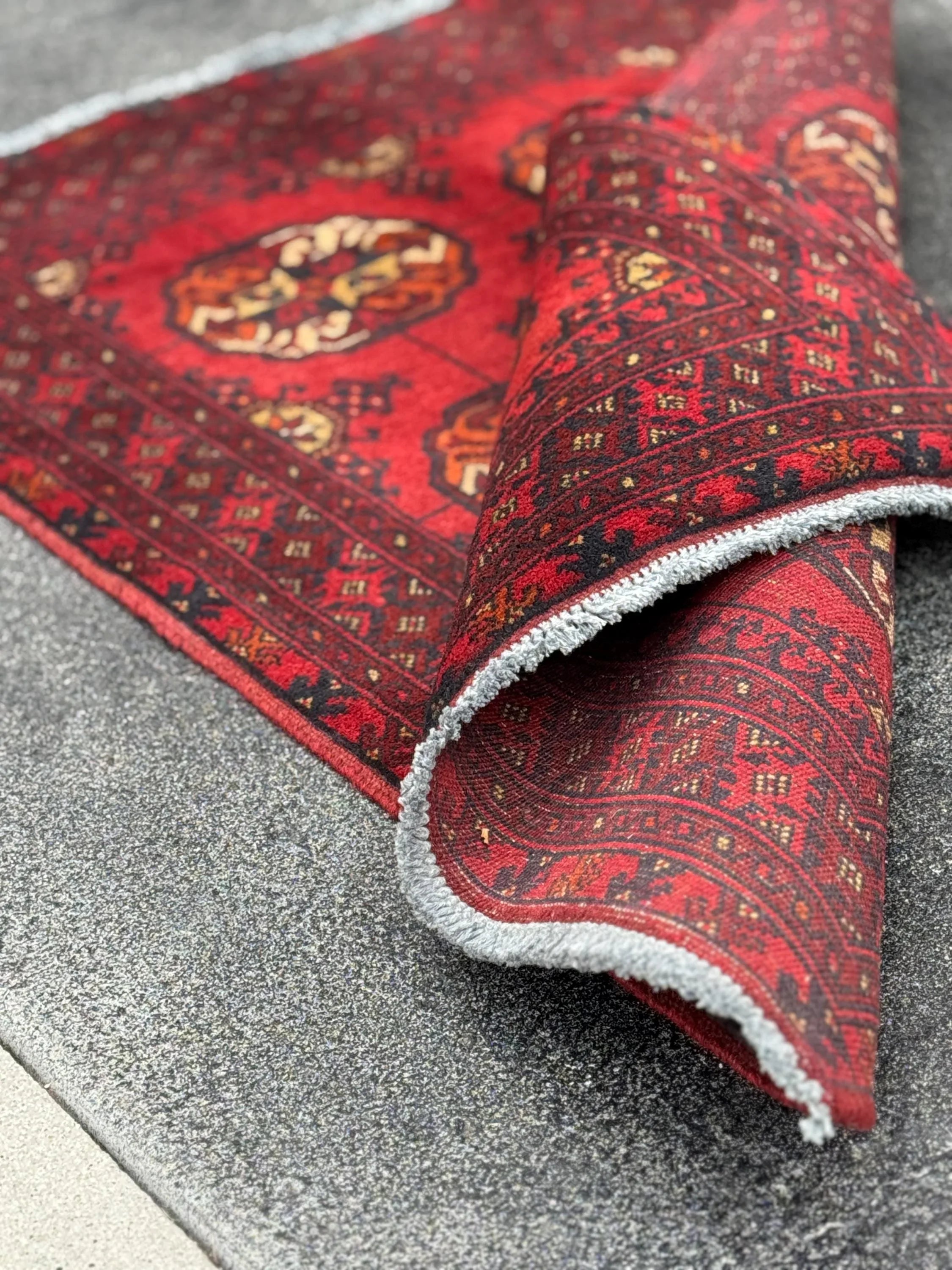 3x4 (91x121) Handmade Vintage Afghan Rug | Crimson Brick Auburn Red Cream Orange Yellow Black | Wool Turkmen Gul Geometric