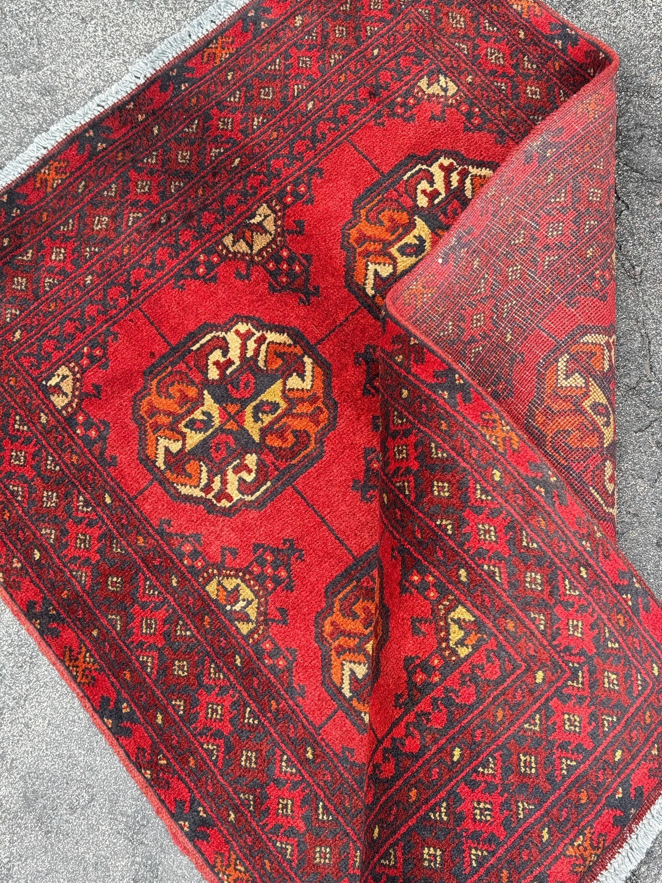 3x4 (91x121) Handmade Vintage Afghan Rug | Crimson Brick Auburn Red Cream Orange Yellow Black | Wool Turkmen Gul Geometric