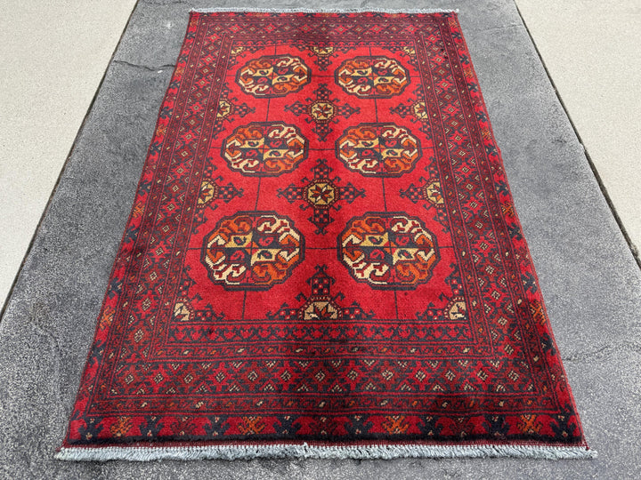 3x4 (91x121) Handmade Vintage Afghan Rug | Crimson Brick Auburn Red Cream Orange Yellow Black | Wool Turkmen Gul Geometric