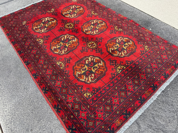 3x4 (91x121) Handmade Vintage Afghan Rug | Crimson Brick Auburn Red Cream Orange Yellow Black | Wool Turkmen Gul Geometric