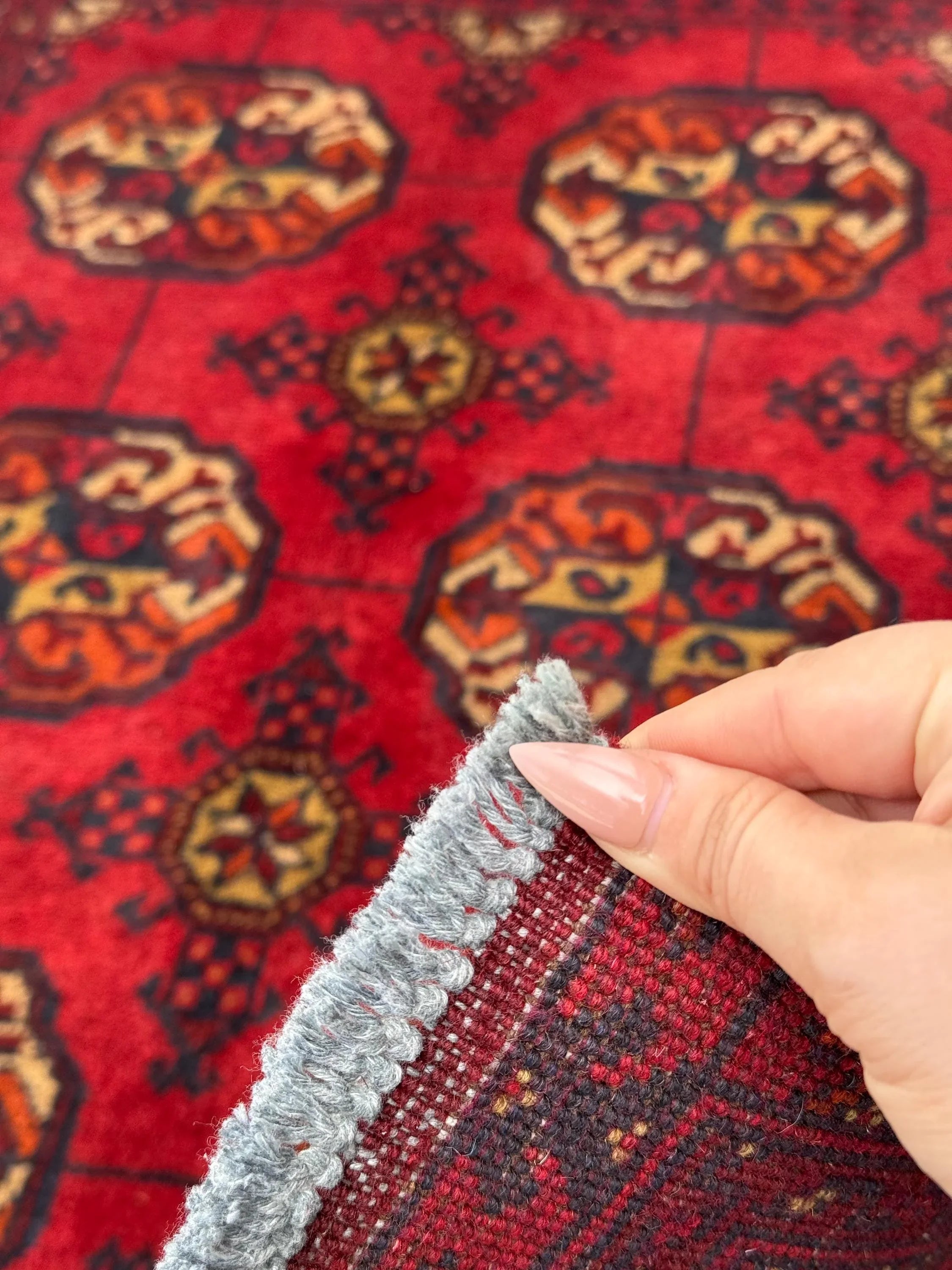 3x4 (91x121) Handmade Vintage Afghan Rug | Crimson Brick Auburn Red Cream Orange Yellow Black | Wool Turkmen Gul Geometric