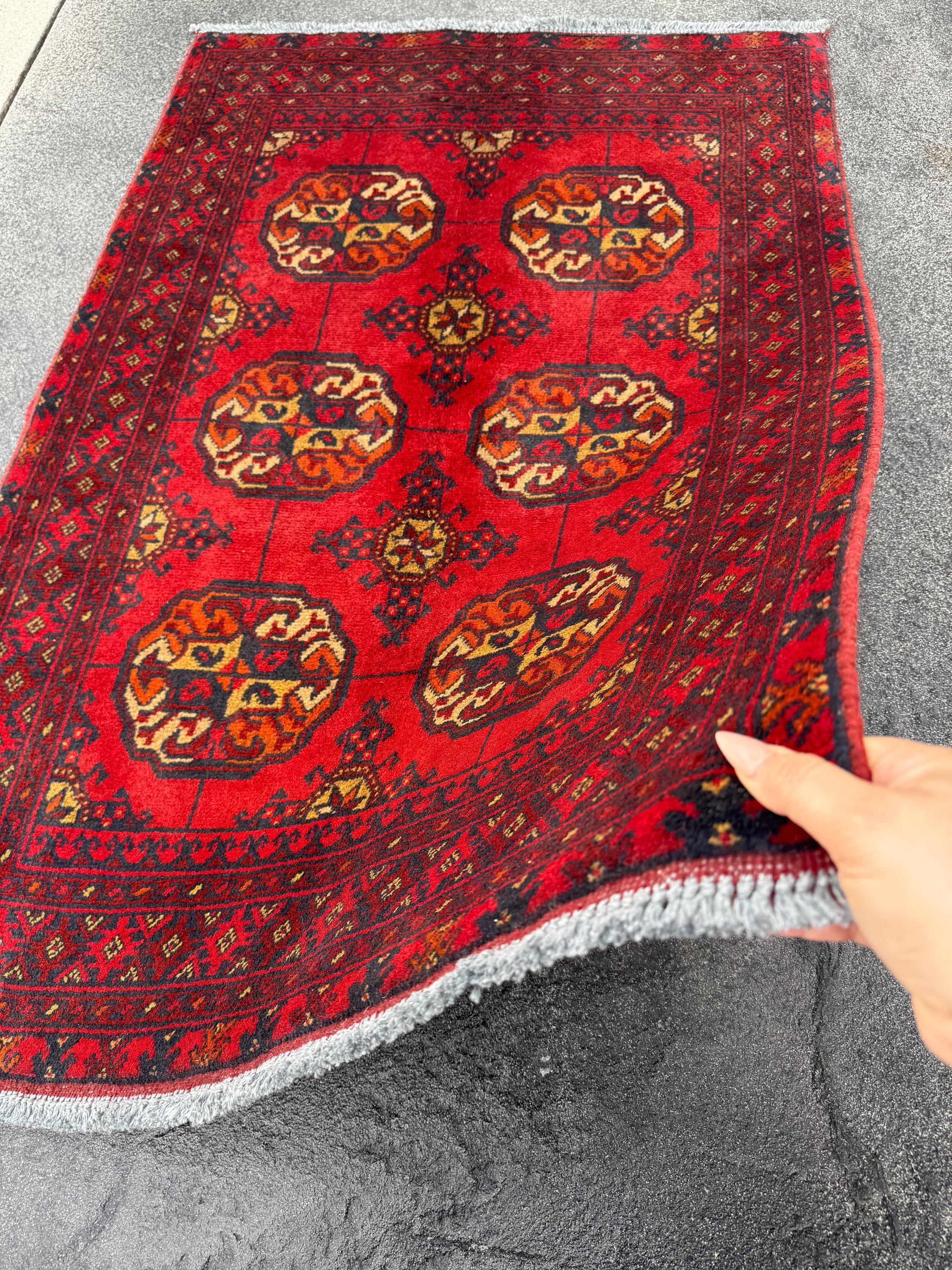 3x4 (91x121) Handmade Vintage Afghan Rug | Crimson Brick Auburn Red Cream Orange Yellow Black | Wool Turkmen Gul Geometric