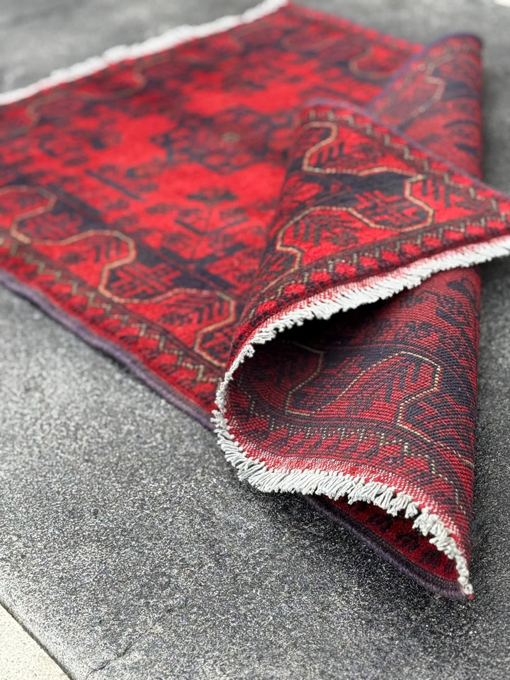 3x4 (91x121) Handmade Afghan Rug | Crimson Scarlet Blood Red Black Midnight Blue Cream | Wool Khal Mohammadi Traditional