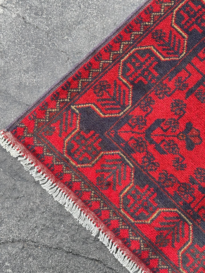3x4 (91x121) Handmade Afghan Rug | Crimson Scarlet Blood Red Black Midnight Blue Cream | Wool Khal Mohammadi Traditional