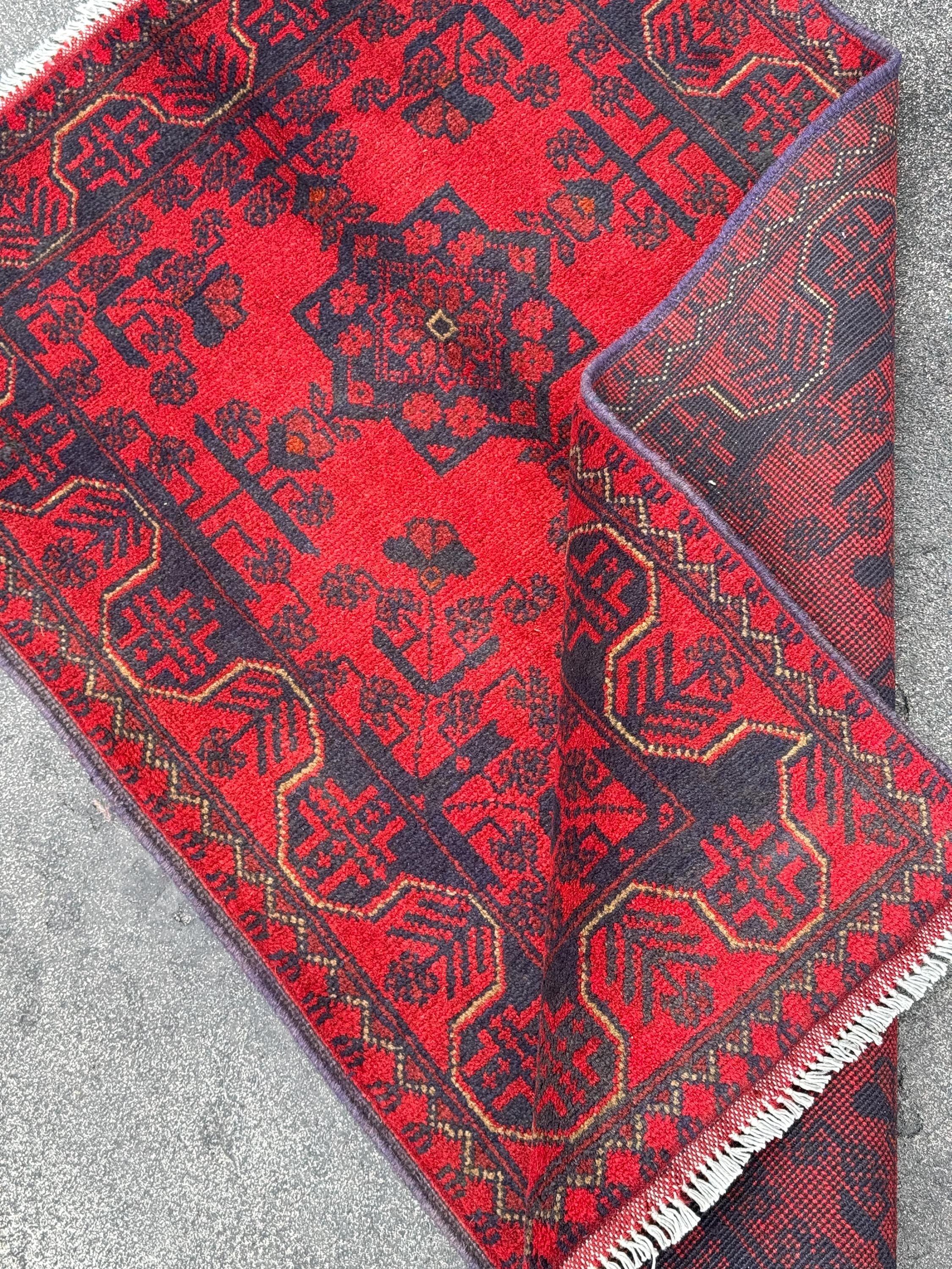 3x4 (91x121) Handmade Afghan Rug | Crimson Scarlet Blood Red Black Midnight Blue Cream | Wool Khal Mohammadi Traditional