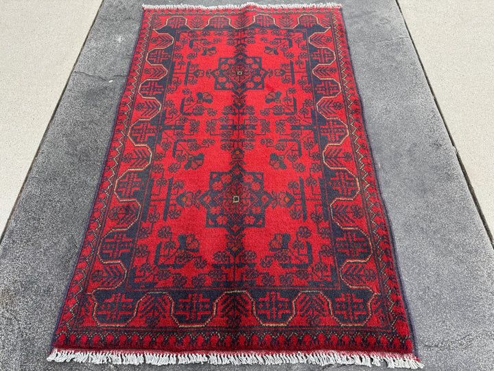 3x4 (91x121) Handmade Afghan Rug | Crimson Scarlet Blood Red Black Midnight Blue Cream | Wool Khal Mohammadi Traditional