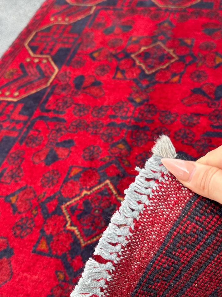 3x4 (91x121) Handmade Afghan Rug | Scarlet Crimson Blood Red Midnight Blue Black Cream Cornsilk Yellow Orange | Wool Khal Mohammadi