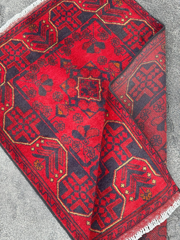 3x4 (91x121) Handmade Afghan Rug | Scarlet Crimson Blood Red Midnight Blue Black Cream Cornsilk Yellow Orange | Wool Khal Mohammadi