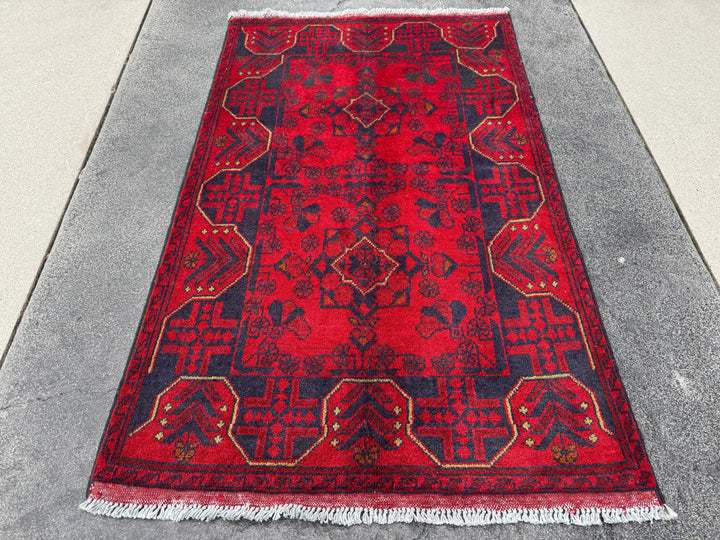 3x4 (91x121) Handmade Afghan Rug | Scarlet Crimson Blood Red Midnight Blue Black Cream Cornsilk Yellow Orange | Wool Khal Mohammadi