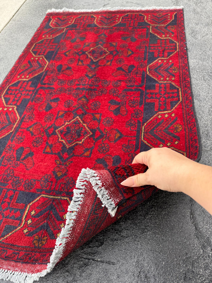 3x4 (91x121) Handmade Afghan Rug | Scarlet Crimson Blood Red Midnight Blue Black Cream Cornsilk Yellow Orange | Wool Khal Mohammadi