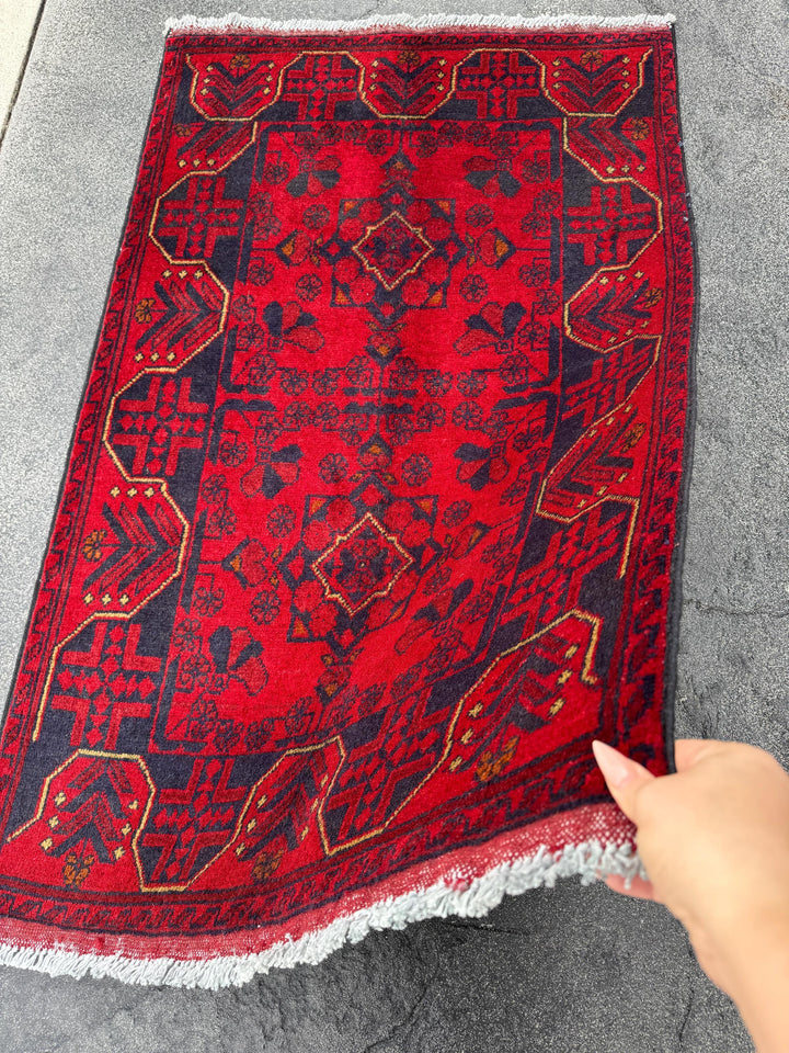 3x4 (91x121) Handmade Afghan Rug | Scarlet Crimson Blood Red Midnight Blue Black Cream Cornsilk Yellow Orange | Wool Khal Mohammadi