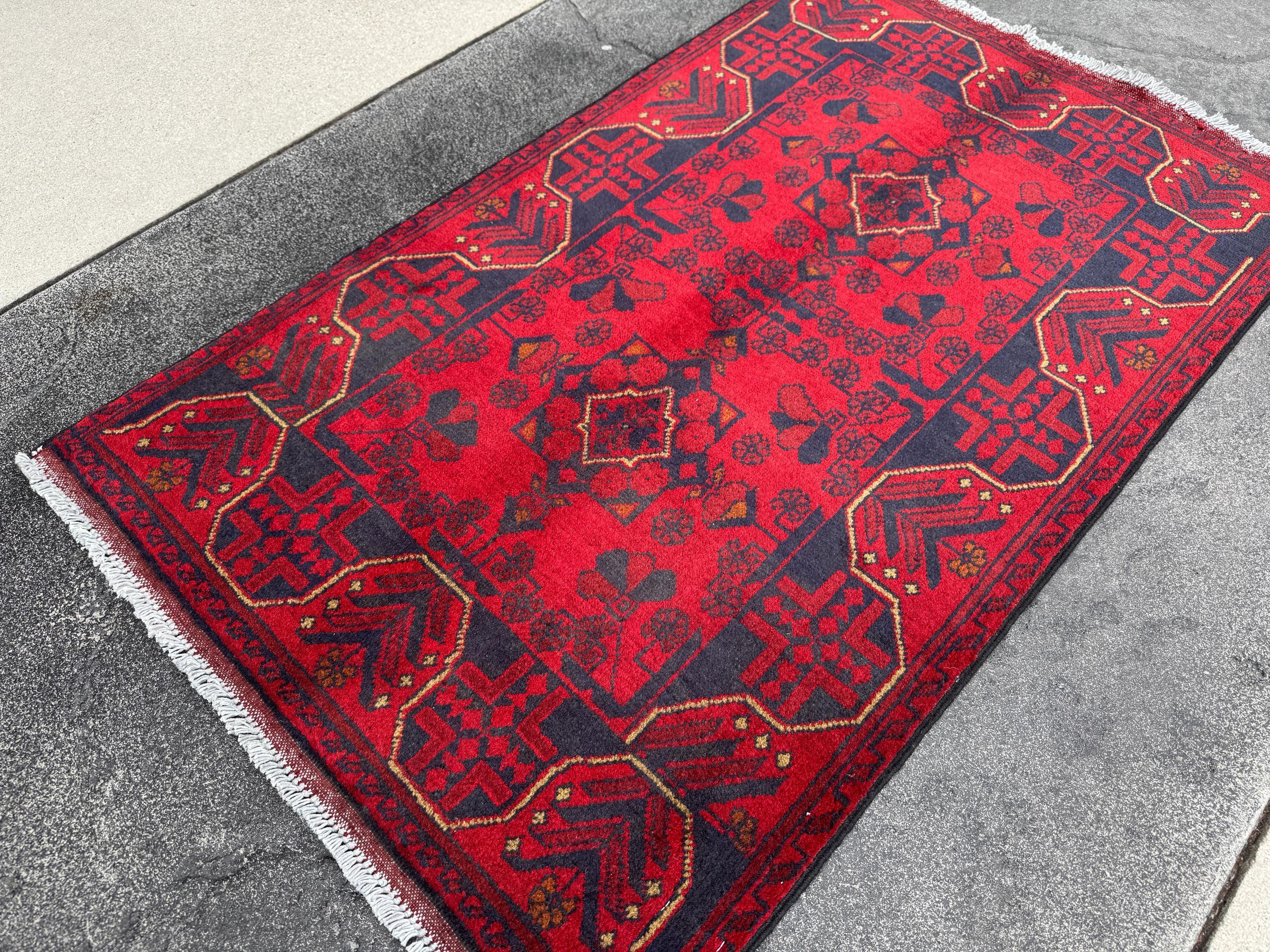 3x4 (91x121) Handmade Afghan Rug | Scarlet Crimson Blood Red Midnight Blue Black Cream Cornsilk Yellow Orange | Wool Khal Mohammadi