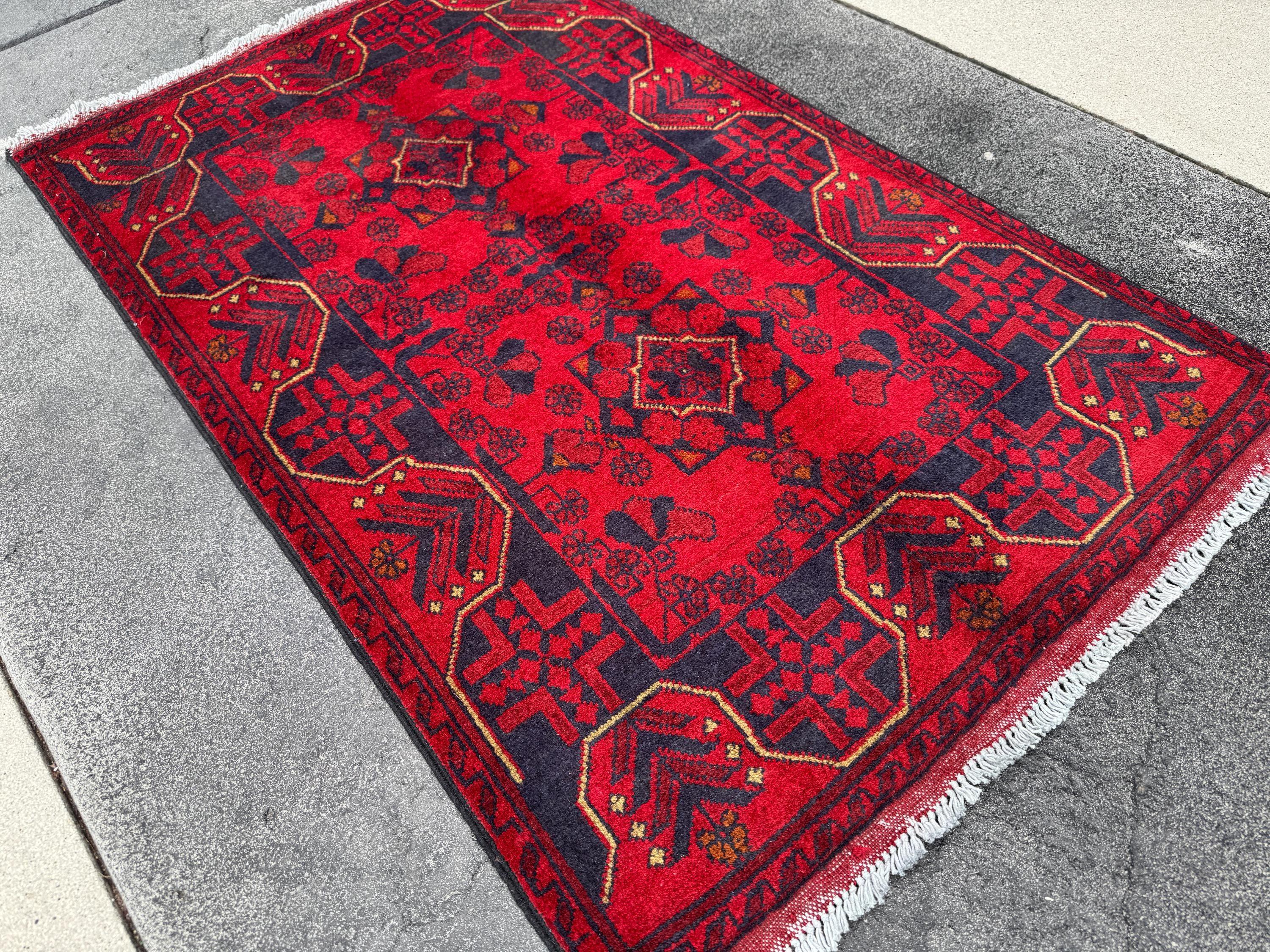 3x4 (91x121) Handmade Afghan Rug | Scarlet Crimson Blood Red Midnight Blue Black Cream Cornsilk Yellow Orange | Wool Khal Mohammadi