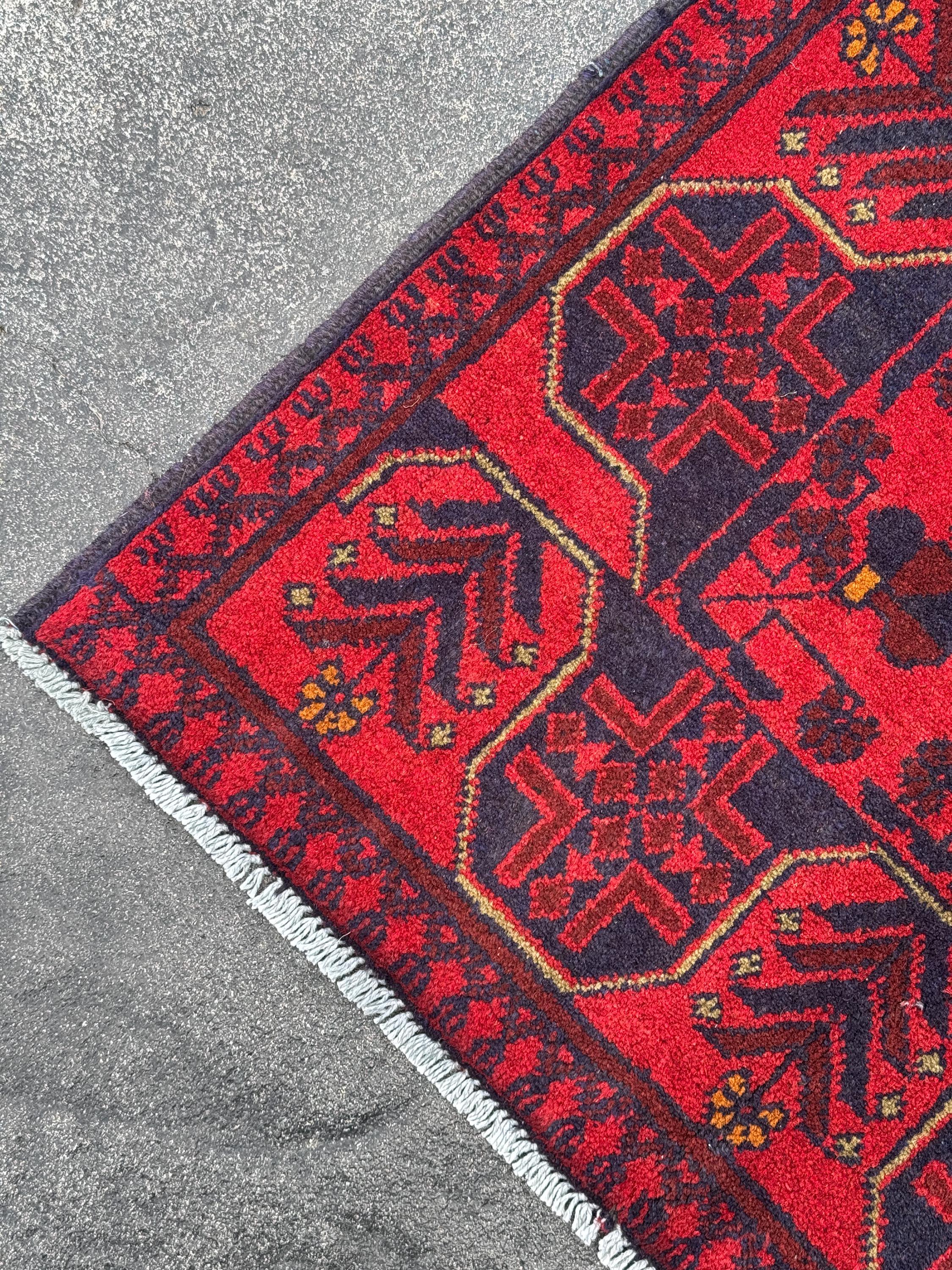 3x4 (91x121) Handmade Afghan Rug | Crimson Scarlet Blood Red Midnight Blue Cream Orange | Wool Khal Mohammadi Traditional Floral