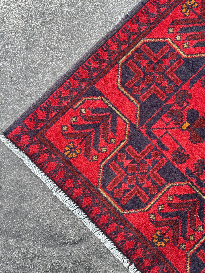 3x4 (91x121) Handmade Afghan Rug | Crimson Scarlet Blood Red Midnight Blue Cream Orange | Wool Khal Mohammadi Traditional Floral