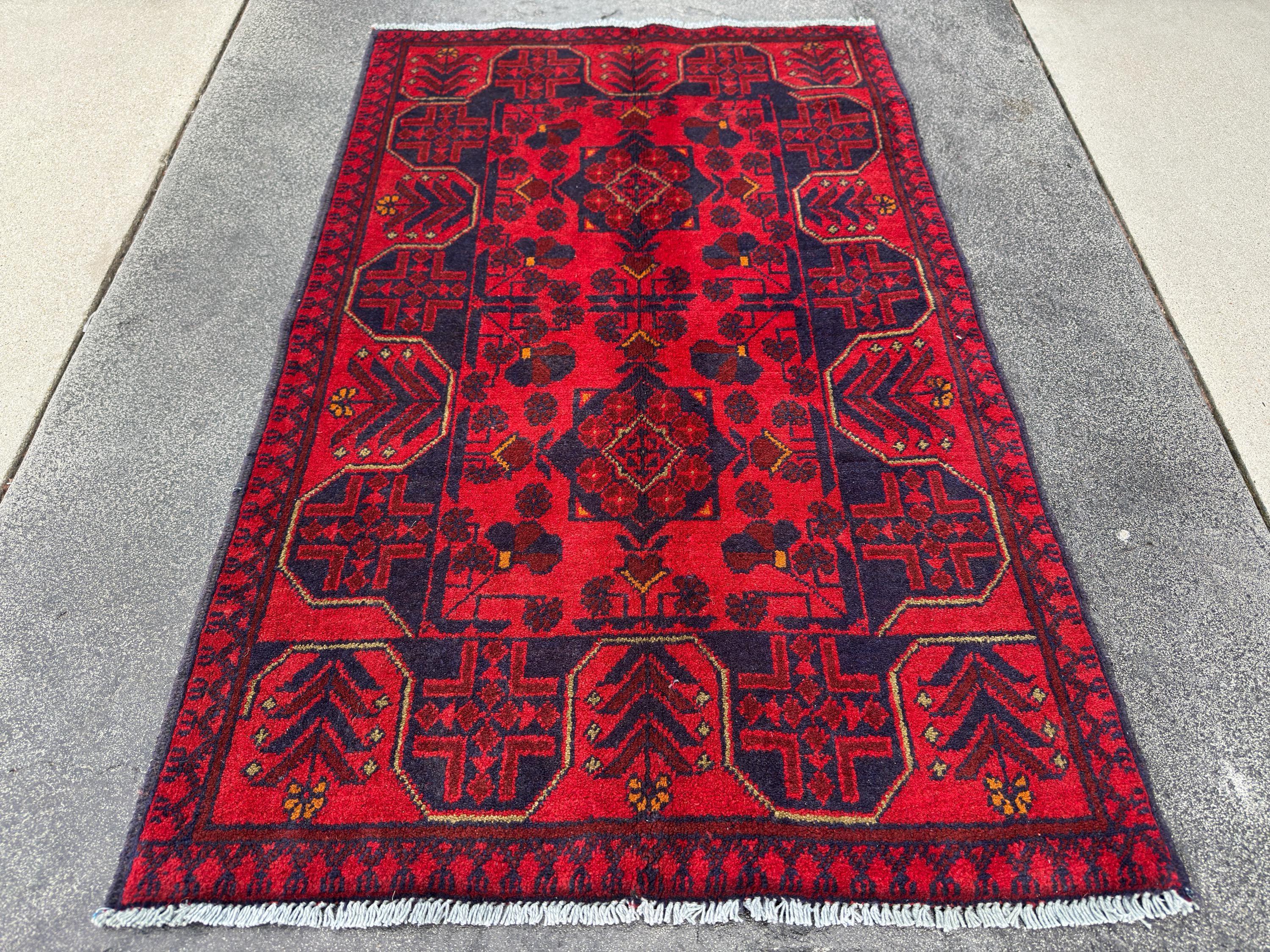 3x4 (91x121) Handmade Afghan Rug | Crimson Scarlet Blood Red Midnight Blue Cream Orange | Wool Khal Mohammadi Traditional Floral