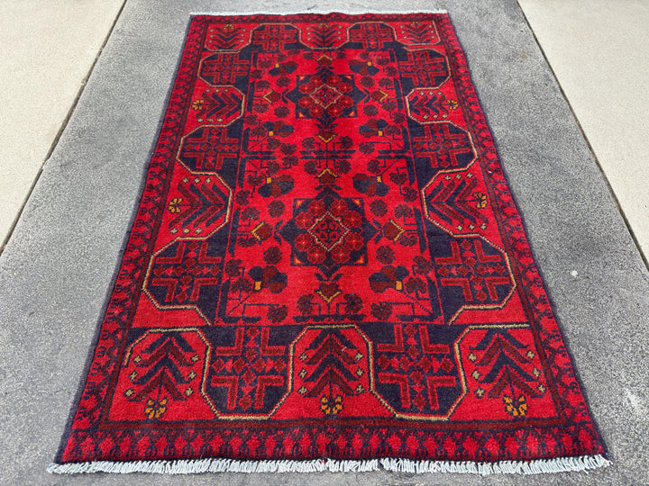 3x4 (91x121) Handmade Afghan Rug | Crimson Scarlet Blood Red Midnight Blue Cream Orange | Wool Khal Mohammadi Traditional Floral
