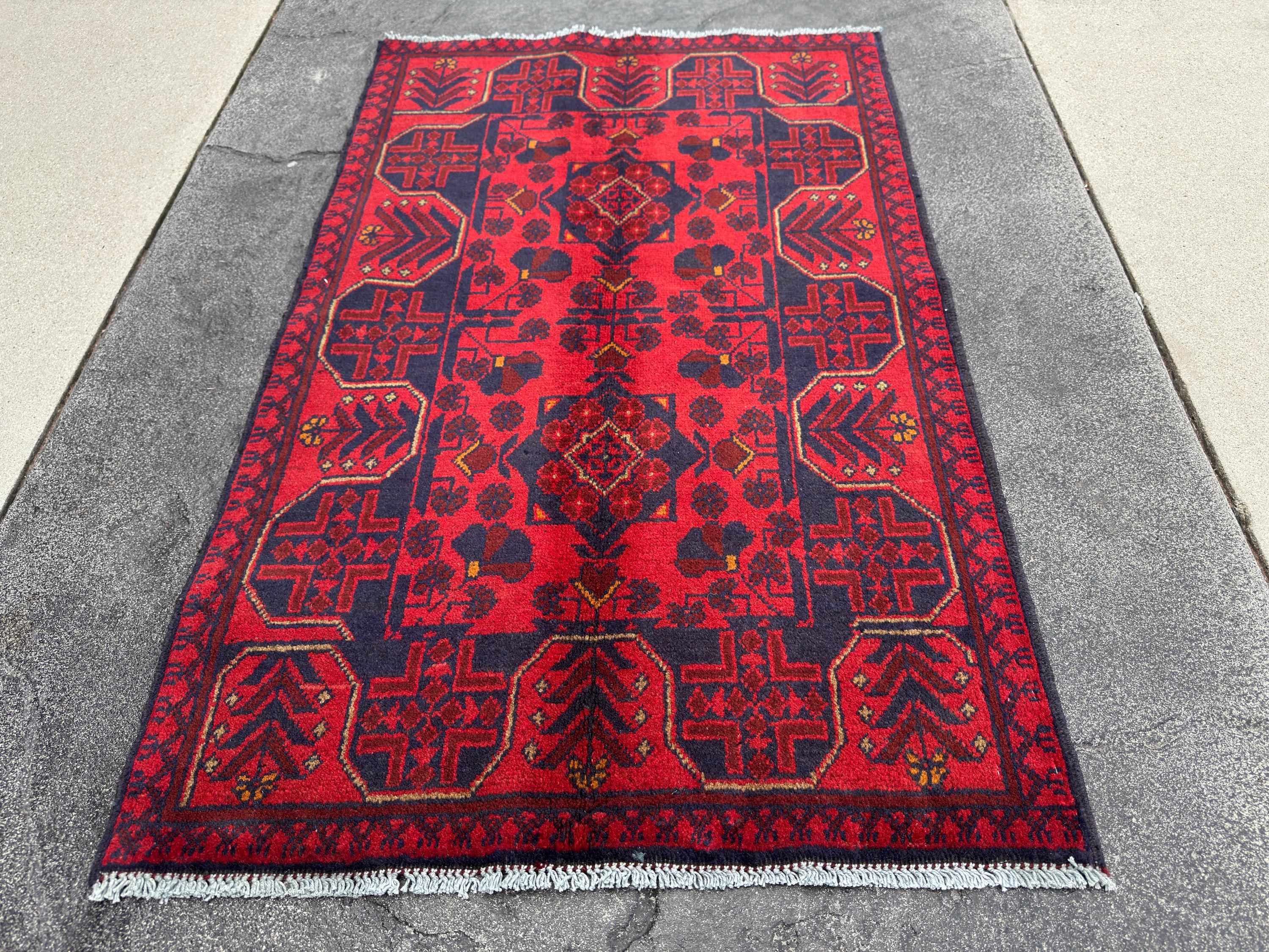 3x4 (91x121) Handmade Afghan Rug | Crimson Scarlet Blood Red Midnight Blue Cream Orange | Wool Khal Mohammadi Traditional Floral